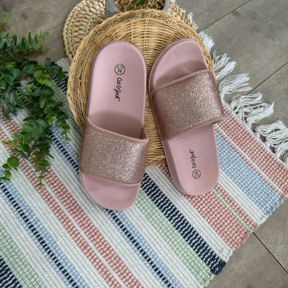 New Cat & Jack Girls Rose Pink Glitter Slide Sandals Size Medium 2/3